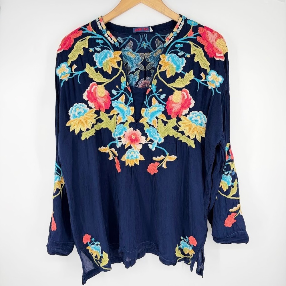 Johnny Was Vagabound Tunic Embroidered Blouse XL Navy Blue Cupra Rayon Boho